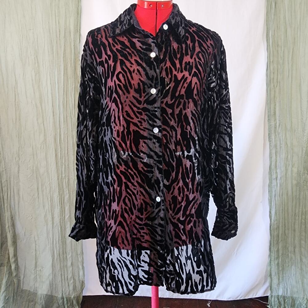 Apostrophe Black Felt and Sheer Button Long Sleeve Woman's Blouse Size M
